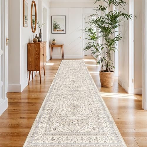 3x16 Runner Rug for Hallway Washable: Non Slip Kitchen Rugs with Rubber Backing Soft Waterproof Mats Stain Resistant Indoor Vintage Carpet Runner for Bedroom Bathroom Laundry Entryway Beige/Gray - color: Beige/Gray, size: 3' x 16' (Rectangular)