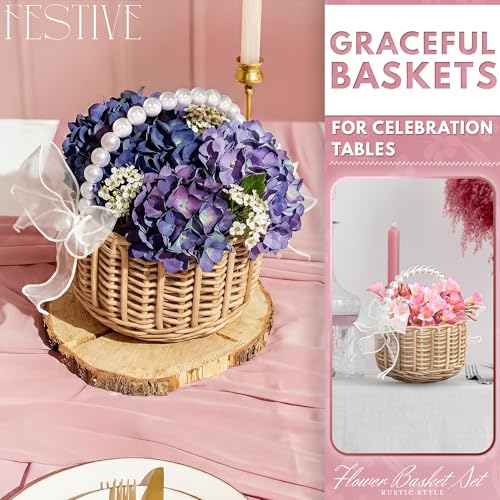 Small Flower Girl Basket Set of 2 - Lightweight Boho Small Wicker Basket with Handle, Pearl Detail, Bows & Waterproof Lining - Summer Wedding, Bridal Shower, Petal Toss, Bridesmaid Gifts & Home Decor - color: Brown Pearl Handle