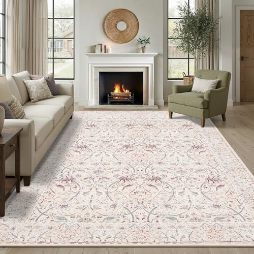 Area Rugs 8x10 for Living Room - Machine Washable Rugs for Bedroom Vintage Stain Resistant Non Slip Low Pile Carpet for Dinning Room Farmhouse Kis Room - color: Floral/Beige, size: 8' x 10' (Rectangular)