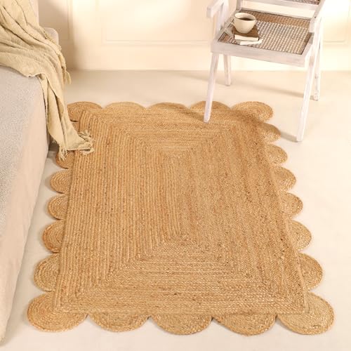 Scalloped Natural Jute Rug 4x6ft – Handwoven Natural Fiber Rug for Living Room, Bedroom, and Entryway, Rustic & Boho Style - size: 4' x 6' (Rectangular)