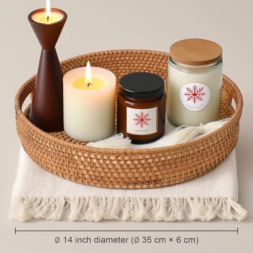 Round Rattan Serving Tray, Natural Wicker Decorative Tray for Serving, Fruit/Bread Serving Basket, Round Woven Tray with Handles.(Large:14inch) - size: 13.8"