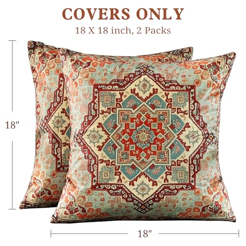 Boho Soft Velvet Throw Pillow Covers 18x18 in Vintage Persian Aztec Rug Tribal Pattern Pillowcases, Antique Ethnic Decor, Geometric Pattern Cushion Cover for Sofa, Living Room, Orange, 2 Pack - color: Orange, size: 18" x 18" (Pack of 2)