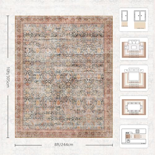 8x10 Area Rugs for Living Room - Washable Vintage Retro Large Rug, Soft Ultra Thin Non Slip Low Pile Traditional Distressed Boho Carpet for Bedroom Dining Room Home Office, Rust Clay - color: A-rust Clay, size: 8x10