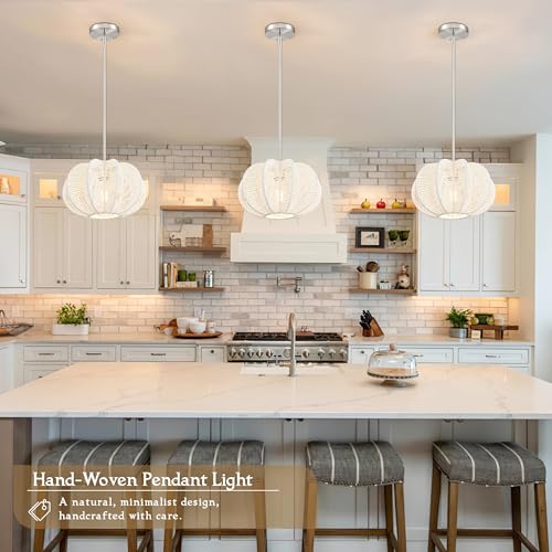 White Rattan Pendant Light 12.6 in Hemp Rope Rattan Light Fixture Woven Pendant Wicker Chandelier Boho Chandelier for Kitchen - color: 12.5" White