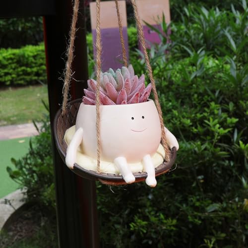 bestbear Hanging Swing Chair Planter Pot Resin Smiley Face Planter for Indoor Outdoor Plant Cute Head Flower Pots for String of Pearls Plant Live Unique IdeaI for Mother Day, Christmas (Small) - size: Small