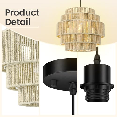 BoostArea Boho Rattan Chandelier Light,5-Tier Hand Woven Lampshade Ceiling Pendant Light Fixture,13'' Farmhouse Chandelier Hanging Light for Living Room,Kitchen Island,Bedroom,Adjustable Cord,Beige - color: Beige-1