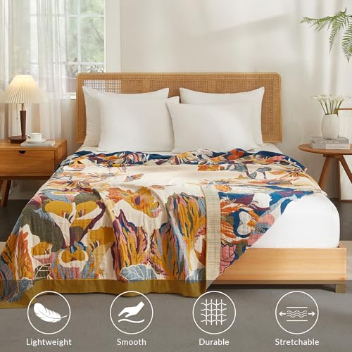 Bailix Boho Throw Blanket for Couch Sofa Bed, 100% Cotton Woven Quilt with Tassel 50”x60”, Super Soft Muslin Blanket with Floral Printed, Decorative Reversible Bed Blanket/Cover for All Seasons - color: F - Boho Floral, size: Throw-50" X 60"