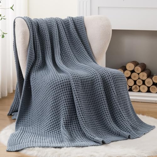 Bunnikins & Clover Blue Grey Throw Blanket for Couch, Thick Warm Soft Cozy Knitted Chenille Throw Blanket for Sofa, Bed, Living Room, 50"x60" - color: Bluish Grey, size: 50"x60"