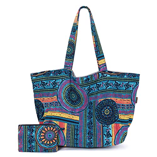 OPQRSTU Women Hippie Tote Hand Bag Large Capacity Bohemian Bag Portable Tourist Shoulder Bags - color: Green-purple