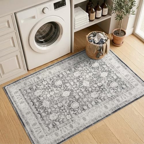 jinchan 3x5 Washable Vintage Area Rug, Distressed Traditional Floral Entryway Accent Rug, Soft Low-Pile Non-Slip Floor Mat for Indoor Foyer, Kitchen Sink Bedroom Bathroom Vanity, Grey - color: Oriental Grey, size: 3' x 5' (Rectangular)