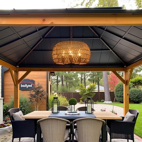 Outdoor Solar Chandelier, 4-Light 19" Rattan Outdoor Chandelier, Hanging Pendant Lights, Waterproof, for Gazebo, Pergola, Porch, Patio