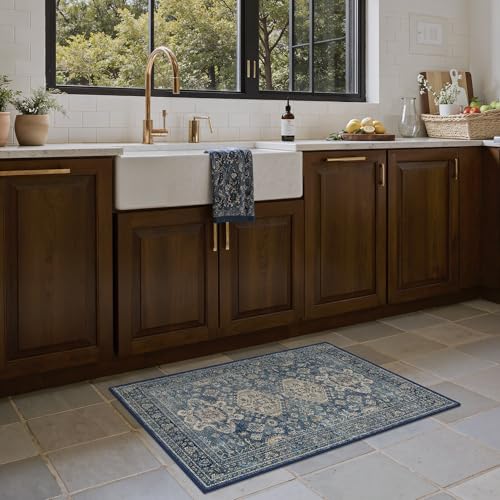 Bavni Washable Entry Rug 2x3, Non Slip Door Mat for Entryway or Kitchen, Vintage Print Low Pile Ultra Thin Indoor Rug, Blue - color: Blue, size: 2' x 3' (Rectangular)