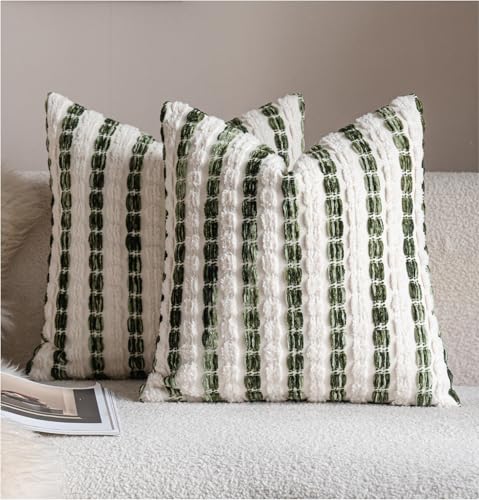 Caflife Boho Throw Pillow Covers 22x22 Inch Set of 2, Farmhouse Green Striped Textured Chenille Decorative Couch Pillow Cases, Rustic Accent Cushion Covers for Sofa Bed Living Room Bedroom - color: Green, size: 22" x 22" (Pack of 2)