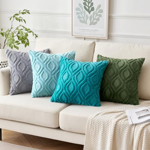 MIULEE Summer Moss Green Throw Pillow Covers 18x18 Inch, Soft Winter Plush Faux Wool Couch Pillow Covers Set of 2 Decorative Farmhouse Boho Throw Pillows for Sofa Living Room Bed - color: Moss Green, size: 18" x 18" (Pack of 2)