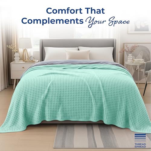 THREAD SPREAD 100% Cotton Waffle Twin Size Blanket for Bed - Soft Lightweight Breathable Waffle Weave Twin Blanket for All Season, Textured Throw Blankets for Bed, Sofa, Hotel, Hospital - Mint Green - color: Waffle - Mint Green, size: Twin / Twin XL