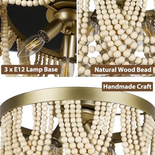 Bohemia Wood Beaded Chandelier, 3-Light Boho Light Fixture, 12.6inch Boho Chandelier Flush Mount Ceiling Light Fixtures for Dining Room, Bedroom, Living Room, Nursery, Girl Room, Hallway and Entryway - color: Natural-12.6INCH