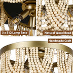Bohemia Wood Beaded Chandelier, 3-Light Boho Light Fixture, 12.6inch Boho Chandelier Flush Mount Ceiling Light Fixtures for Dining Room, Bedroom, Living Room, Nursery, Girl Room, Hallway and Entryway - color: Natural-12.6INCH