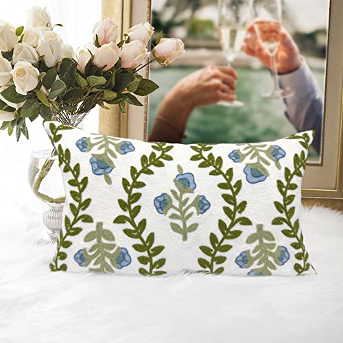 Alysheer Summer Floral Embroidered Decorative Throw Pillow Cover 12"x 20", Farmhouse Blue Flowers Green Leaves Patterned Cotton Canvas Lumbar Cushion Case for Sofa Couch Living Room Cottage Decor - color: Blue, size: 20" x 12" (Pack of 1)