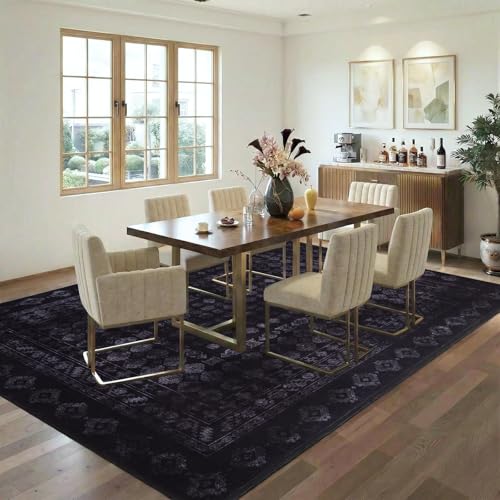 Washable Area Rug 8x10, Large Boho Living Room Rug, Thin Vintage Rugs for Bedroom,Non-Slip Rubber Backing Retro Floral Carpet Print Distressed Accent Rugs for Dining Room Home Office-Dark Black,8'x10' - color: Dark Black, size: 8' x 10' (Rectangular)