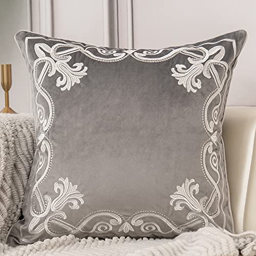 Aeckself European Floral Pillow Cover 18x18 Inch, Luxury Velvet Embroidered Decorative Throw Pillow Cover for Couch Bedroom Living Room, Grey and White - color: Gray, size: 18" x 18" (Pack of 1)