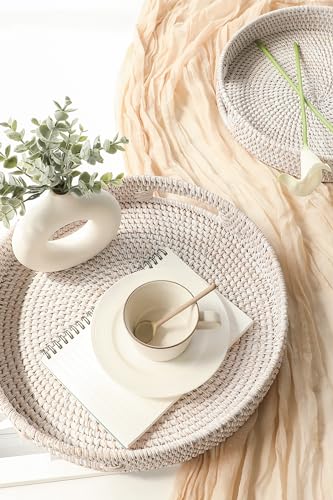 HITOMEN Hand-Woven Round Rattan Serving Tray Decorative Ottoman Wicker Platter with Handles for Coffee Table, Breakfast, Drinks, Snack, Bread, Fruit, Vegetables (Whitewash Set of 2: M+L) - color: Whitewash, size: Medium (11.8 inches)/Large (14.2 inches)