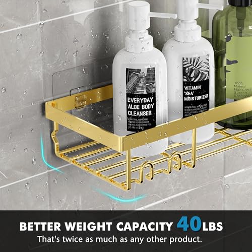 Moforoco Shower Caddy Shelf Organizer Rack, Self Adhesive Black Bathroom Shelves Basket, Home Farmhouse Wall Inside Organization and Storage Decor Rv Accessories, First Camper Apartment Essentials - color: Gold, size: Medium