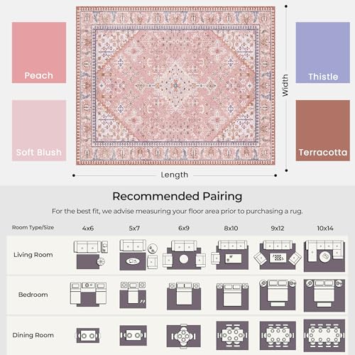 9x12 Area Rugs for Living Room, Machine Washable Low Pile Rug, Non Slip Backing Boho Rugs for Bedroom, Printed Soft Vintage Carpet Peach Pink 9 x 12 - color: 08/Peach/Soft Blush/Thistle/Terracotta, size: 9' x 12' (Rectangular)