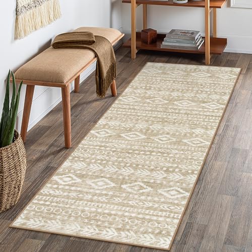 Lahome Boho Geometric Washable Runner Rug, 2x6 Low-Pile Tan Long Bathroom Runner Rug Non Slip Washable, Rustic Print Pattern Soft Bedroom Carpet Runner 6ft for Entryway Laundry Room Varena - color: Tan/White, size: 2' x 6'