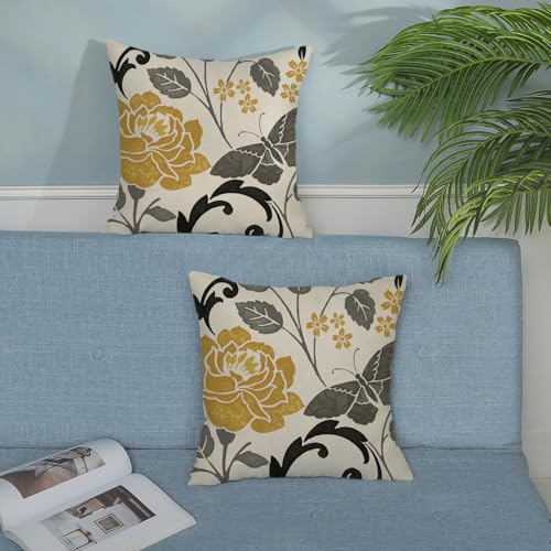 Spring Pillow Covers 16x16 Inch 2 Pcs Mustard Yellow Vintage Floral Decor Throw Pillows Grey Butterfly Flower Leaves Seasonal Outdoor Decoration Pillowcase Linen Cushion Cover for Couch Sofa - color: Yellow Grey Butterfly Flower, size: 16" x 16" (Pack of