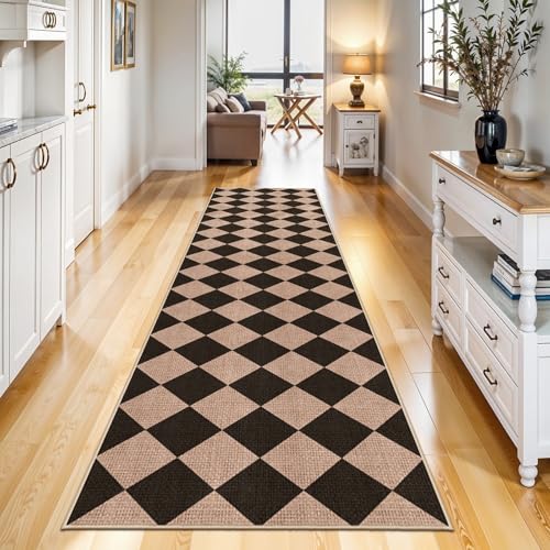2x8 Checkered Runner Rug for Hallway: Washable Faux Jute Runners Indoor Farmhouse Style - Carpet Non-Slip Backing - Non Slip Narrow Floor Runners for Entryway Kitchen Living Room (Black/Brown,2x8) - color: Black/Brown, size: 2' x 8' (Rectangular)