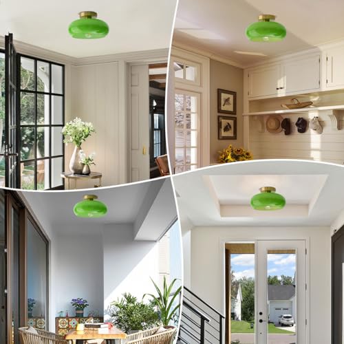Green Ceiling Light - Mid Century Modern Flush Ceiling Light with Milk Glass Globe and Dark Green Lamp Shade in Brushed Brass for Dining Room - color: Flush-Green