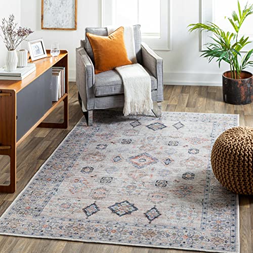 Hauteloom Beckett Machine Washable Area Rug - Distressed Border Medallion Diamond Floral - Traditional Oriental Transitional Oushak - Beige, Brick Red, Navy, Cream, Gray - 5'3" x 7' - color: Beige, Brick Red, Navy / Beckett, size: 5'3" x 7' (Rectangular)