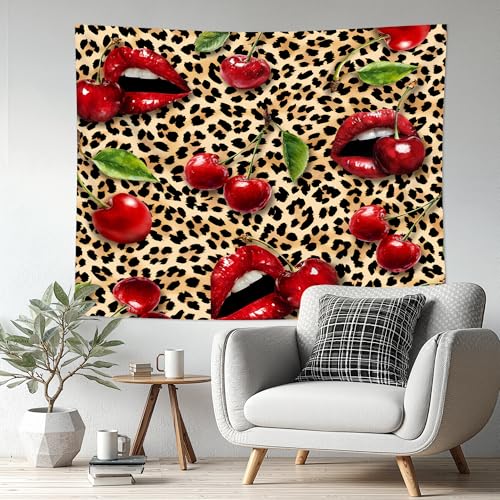 Cinbloo Cheetah Leopard Tapestry 59Wx51H Inch Lips Cherry Red Burgundy Brown Wall Hanging for Womwn Girly Girls Fashion Cute Classroom Home Dorm Decor Art Living Room Bedroom - color: C-Red Brown