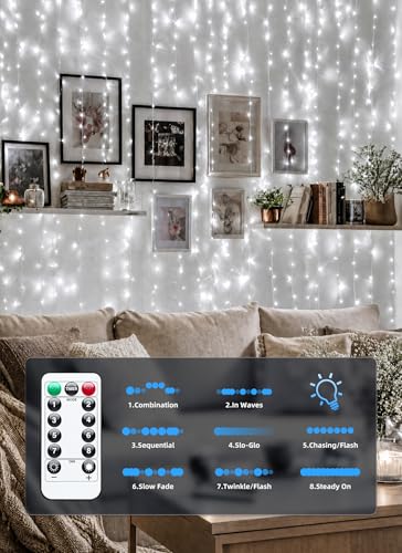Brightown 300 LED Fairy Curtain Lights, 9.8ft x 9.8ft String Lights, USB Plug in 8 Lighting Modes Christmas String Hanging Lights with Remote for Bedroom Indoor Outdoor Party Xmas White 1 Pack - color: White, size: 1 Pack-300 LED-USB Plug