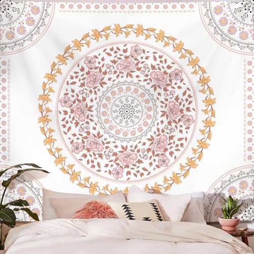 Tichgeim Boho Floral Pink Mandala Tapestry Wall Hanging for Bedroom, White and Pink Aesthetic Tapestries Room Cute Decor for Girls, Hippie Indian Blanket for Dorm Livingroom 61" × 50" - color: Pink White Mandala Tapestry, size: 60"L x 51"W