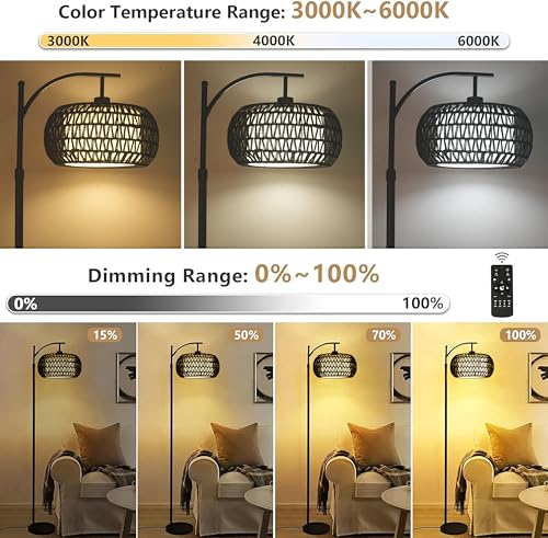 ZECOXOL Arc Floor Lamp with 3 Color Temperatures,Black Floor Lamp with Remote Control, Boho Standing Lamp with Rattan Wicker Shades, Farmhouse Tall Pole Lamp for Living Room Bedroom - color: black-Straight, size: 12.2 inch