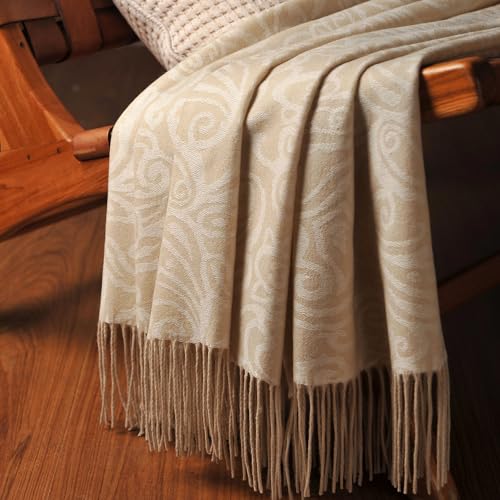 CUDDLE DREAMS Premium Cashmere Throw Blanket with Fringe, Luxuriously Soft (Paisley Beige) - color: Paisley Beige