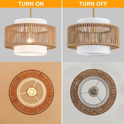 12.4"Farmhouse Chandelier for Dining Room, 1-Light Boho Rattan Chandelier Light Fixture Ceiling Hanging with Fabric Lampshade, Small Wicker Coastal Pendant Light for Kitchen Bedroom Island Hallway - size: 12.4″Fabric