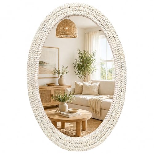 26" x 39" Oval Wall Mirror, Handwoven Natural Corn Husk Fiber with Light Whitewashed Finish, Boho Coastal Style for Entryway, Bedroom, Living Room, Vertical & Horizontal Hanging - size: 39"L x 26"W