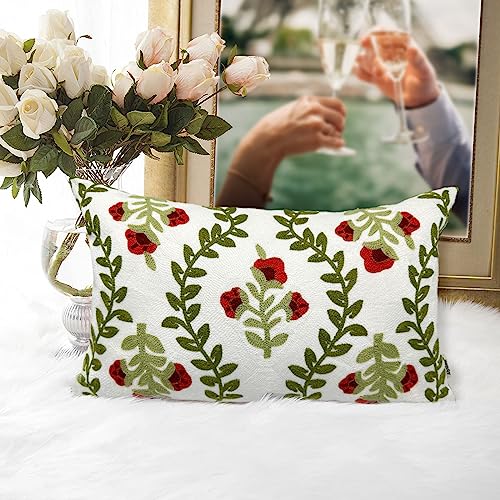 Alysheer Floral Embroidered Summer Lumbar Decorative Throw Pillow Cover 12"x 20", Farmhouse Cottage Red Flowers Green Leaves Patterned Cotton Canvas Cushion Case for Sofa Couch Bed Living Room Decor - color: Red, size: 20" x 12" (Pack of 1)