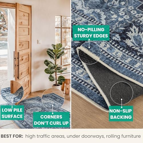 Bloom Rugs Caria Washable Non-Slip 7 ft Runner - Blue Traditional Runner for Entryway, Hallway, Bathroom, and Kitchen - Exact Size: 2'6" x 7' - color: Blue, size: 2'6" x 7' (Runner)