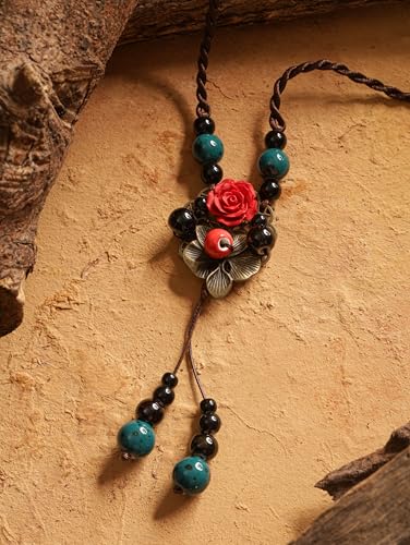 MINACHI Vintage Bohemian Colorful Ceramic Bead Antique Flower Y Necklace, Vintage Boho Hippie Statement Jewelry Gift for Women - color: S09