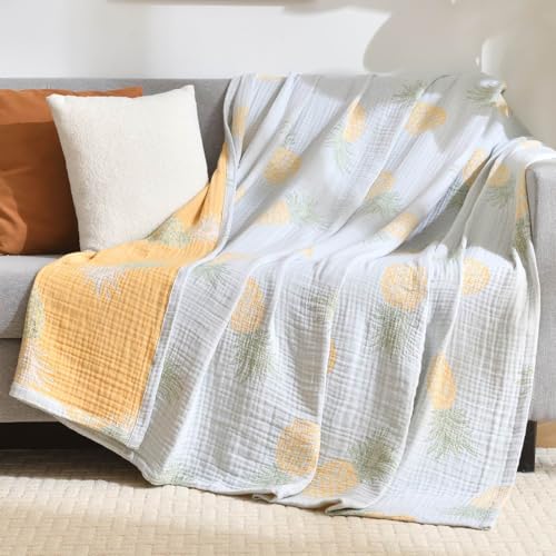 100% Cotton Muslin Throw Blanket King 104"x92", Vintage Indoor and Outdoor Use, Reversible and Breathable Fabric for Yard Picnics, Bedding or Chair Cover - color: Root={'value': "['Pineapple']"}, size: \'King (104" x 94")\'