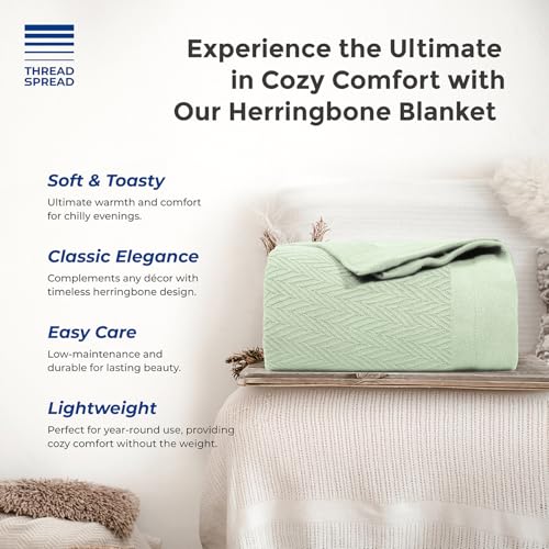 THREAD SPREAD Knitted Geometric Herringbone Pattern Handwoven Blanket 100% Extra Long Staple Cotton - Soft & Cozy Thermal All Season Throw for Bed Couch Chair Outdoors (Twin/Twin XL, Sage) - color: Herringbone - Sage Green, size: Twin / Twin XL