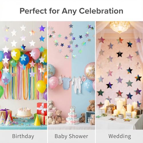 Iridescent-Star-Garland 90FT – 240 Pcs Sparkling Star Streamers-Hanging Glitter Star Banner Backdrop for Birthday, Baby Shower, Wedding, Christmas Party Decorations (6 Packs) - color: Iridescent