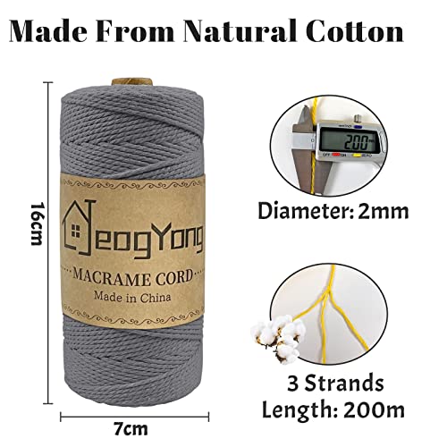 JeogYong Macrame Cord 2mm x 218 Yards, 3-Strand Twisted Natural Cotton Rope, Cotton String Coloured Craft Cord for Plant Hanger Wall Hanging Knitting Crafts, Grey Color - color: Gray