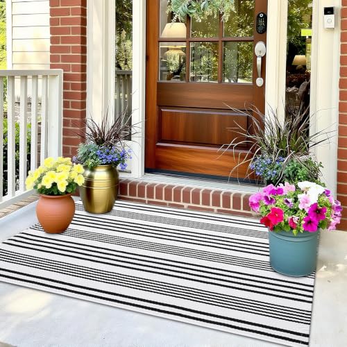 OLANLY Black White Modern Striped Rug 2' x 3' (24" x 36") – Washable Cotton Indoor Outdoor Doormat for Front Door, Entryway, Kitchen, Porch, Patio Decor - color: Black and White, size: 2' X 3' (Rectangular)