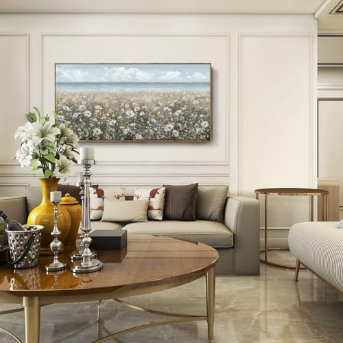 amatop Oversized Wall Art for Living Room Extra Large Farmhouse Boho Framed Beach Coastal Vintage Ocean Floral Canvas Print Daisy Flowers Sea Wall Picture Neutral Nautical Artwork Bedroom Office Decor - color: Coastal Flower Sea Art, size: 58"L x 29"W