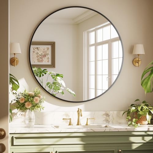 XRAMFY 42 Inch Round Black Metal Wall Mirror - Stylish Circle Mirror for Entryway, Bathroom, and Living Room Decor | Matte Black Circle Wall Mirror - color: Round-black, size: 42"L x 42"W