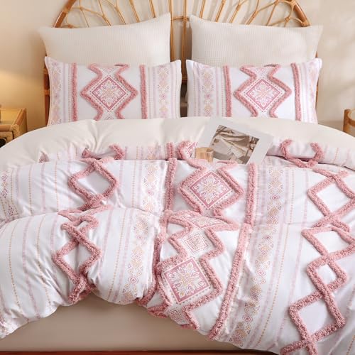 Herside 100% Cotton Boho Duvet Cover Set King Size,Shabby Chic Aztec Western Pink Tufted Bedding,Farmhouse Luxury 3 Piece Textured Quilt Duvet Set for All Season Home Decor - color: Pink, size: King(No Comforter)